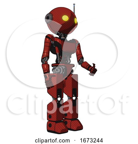 Bot Containing Oval Wide Head and Yellow Eyes and Retro Antenna with Light and Light Chest Exoshielding and Ultralight Chest Exosuit and Prototype Exoplate Legs. Cherry Tomato Red. Facing Left View. by Leo Blanchette