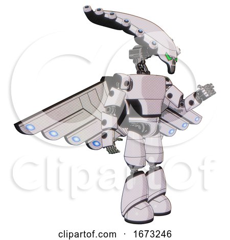 Mech Containing Flat Elongated Skull Head and Light Chest Exoshielding and Prototype Exoplate Chest and Cherub Wings Design and Light Leg Exoshielding. White Halftone Toon. Interacting. by Leo Blanchette