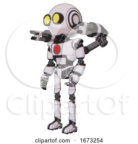Robot Containing Round Head and Large Yellow Eyes and Light Chest Exoshielding and Red Chest Button and Minigun Back Assembly and Ultralight Foot Exosuit. White Halftone Toon. Facing Right View. by Leo Blanchette