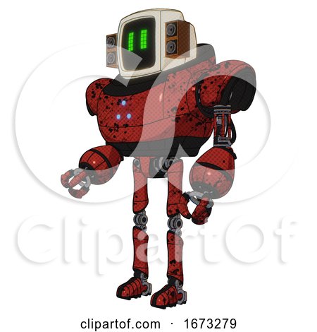 Cyborg Containing Old Computer Monitor and Pixel Line Eyes and Old Retro Speakers and Heavy Upper Chest and Triangle of Blue Leds and Ultralight Foot Exosuit. Grunge Dots Cherry Tomato Red. by Leo Blanchette