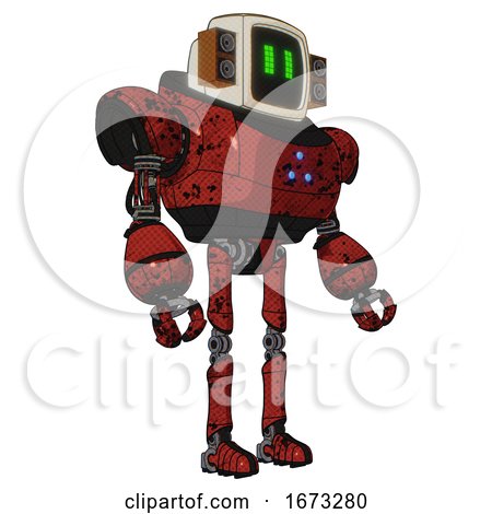 Cyborg Containing Old Computer Monitor and Pixel Line Eyes and Old Retro Speakers and Heavy Upper Chest and Triangle of Blue Leds and Ultralight Foot Exosuit. Grunge Dots Cherry Tomato Red. by Leo Blanchette