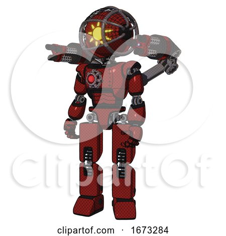 Mech Containing Oval Wide Head and Sunshine Patch Eye and Barbed Wire Cage Helmet and Light Chest Exoshielding and Red Energy Core and Minigun Back Assembly and Prototype Exoplate Legs. Matted Red. by Leo Blanchette