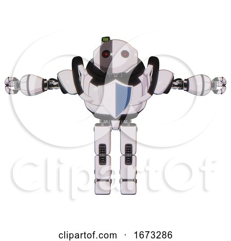 Mech Containing Oval Wide Head and Small Red Led Eyes and Green Led Ornament and Heavy Upper Chest and Blue Shield Defense Design and Prototype Exoplate Legs. White Halftone Toon. T-pose. by Leo Blanchette