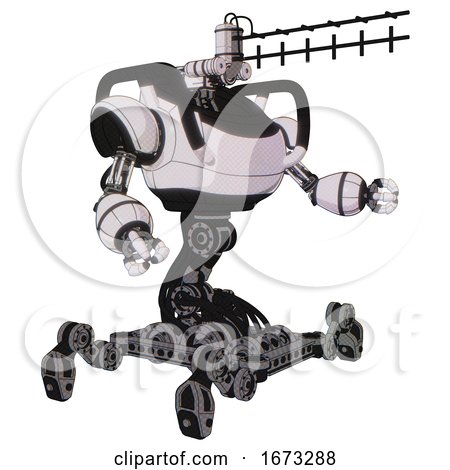 Robot Containing Dual Retro Camera Head and Wireless Internet Transmitter Head and Heavy Upper Chest and Insect Walker Legs. White Halftone Toon. Interacting. by Leo Blanchette