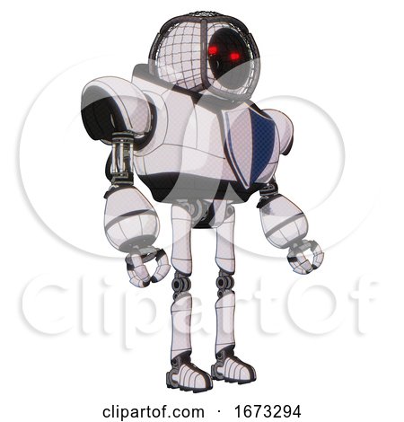 Android Containing Round Barbed Wire Round Head and Heavy Upper Chest and Blue Shield Defense Design and Ultralight Foot Exosuit. White Halftone Toon. Facing Left View. by Leo Blanchette