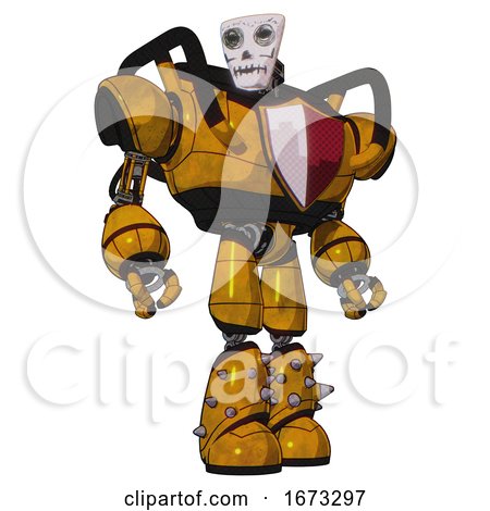 Droid Containing Humanoid Face Mask and Skeleton War Paint and Heavy Upper Chest and Red Shield Defense Design and Light Leg Exoshielding and Spike Foot Mod. Worn Construction Yellow. Hero Pose. by Leo Blanchette