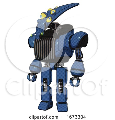 Bot Containing Flat Elongated Skull Head and Yellow Eyeball Array and Heavy Upper Chest and Chest Vents and Prototype Exoplate Legs. Blue Halftone. Standing Looking Right Restful Pose. by Leo Blanchette