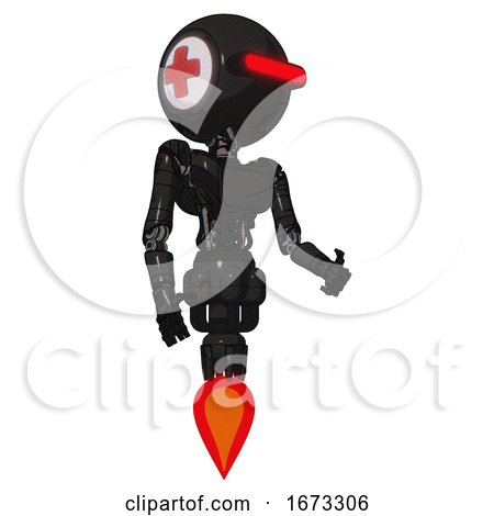 Bot Containing Round Head and Horizontal Red Visor and First Aid Emblem and Light Chest Exoshielding and Ultralight Chest Exosuit and Jet Propulsion. Toon Black Scribbles Sketch. Facing Left View. by Leo Blanchette