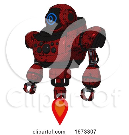 Robot Containing Digital Display Head and Large Eye and Heavy Upper Chest and Chest Compound Eyes and Jet Propulsion. Grunge Dots Dark Red. Standing Looking Right Restful Pose. by Leo Blanchette