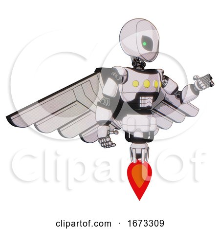 Mech Containing Grey Alien Style Head and Green Inset Eyes and Light Chest Exoshielding and Yellow Chest Lights and Pilot's Wings Assembly and Jet Propulsion. White Halftone Toon. Interacting. by Leo Blanchette