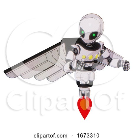 Mech Containing Grey Alien Style Head and Green Inset Eyes and Light Chest Exoshielding and Yellow Chest Lights and Pilot's Wings Assembly and Jet Propulsion. White Halftone Toon. by Leo Blanchette