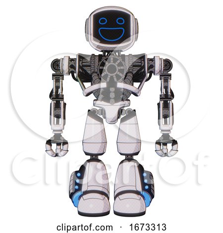 Android Containing Digital Display Head and Wide Smile and Heavy Upper Chest and No Chest Plating and Light Leg Exoshielding and Megneto-hovers Foot Mod. White Halftone Toon. Front View. by Leo Blanchette