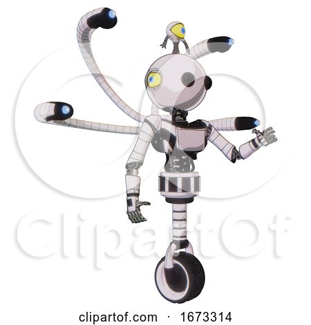 Android Containing Oval Wide Head and Beady Black Eyes and Minibot Ornament and Light Chest Exoshielding and Ultralight Chest Exosuit and Blue-eye Cam Cable Tentacles and Unicycle Wheel. by Leo Blanchette
