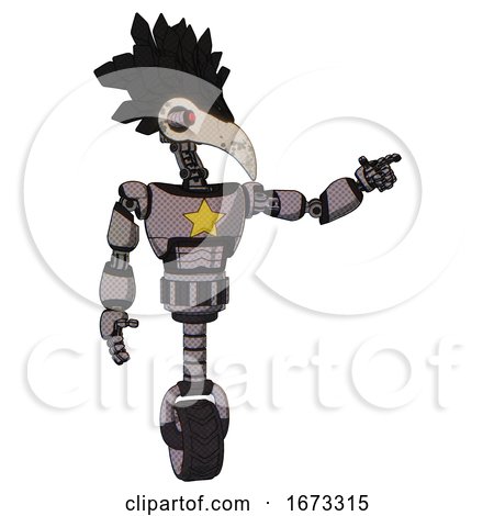 Droid Containing Bird Skull Head and Yellow and Green Scope Eyes and Crow Feather Design and Light Chest Exoshielding and Yellow Star and Unicycle Wheel. Halftone Gray. by Leo Blanchette