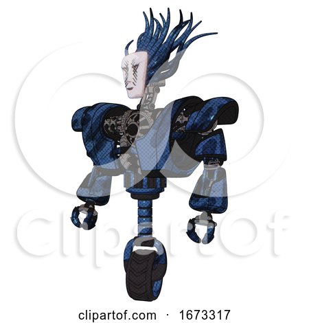 Droid Containing Humanoid Face Mask and War Paint and Heavy Upper Chest and Heavy Mech Chest and Unicycle Wheel. Grunge Dark Blue. Standing Looking Right Restful Pose. by Leo Blanchette