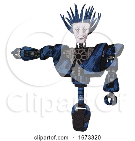 Droid Containing Humanoid Face Mask and War Paint and Heavy Upper Chest and Heavy Mech Chest and Unicycle Wheel. Grunge Dark Blue. Arm out Holding Invisible Object.. by Leo Blanchette