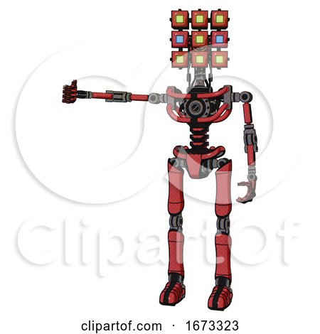 Android Containing Dual Retro Camera Head and Cube Array Head and Light Chest Exoshielding and No Chest Plating and Ultralight Foot Exosuit. Primary Red Halftone. Arm out Holding Invisible Object.. by Leo Blanchette