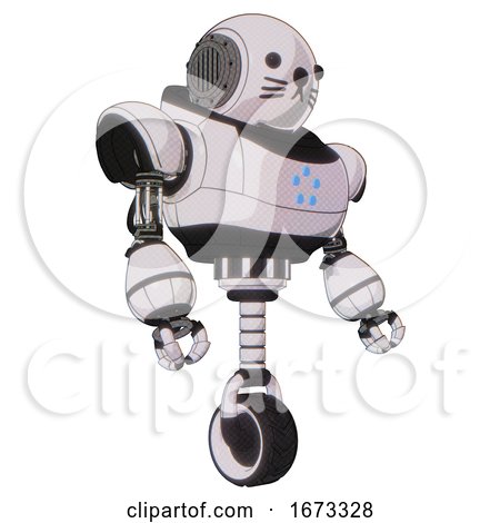 Bot Containing Round Head and Heavy Upper Chest and Circle of Blue Leds and Unicycle Wheel and Cat Face. White Halftone Toon. Facing Left View. by Leo Blanchette