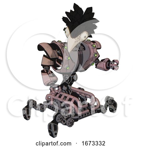 Bot Containing Bird Skull Head and Bone Skull Eye Holes and Crow Feather Design and Heavy Upper Chest and Heavy Mech Chest and Green Cable Sockets Array and Insect Walker Legs. Powder Pink Metal. by Leo Blanchette