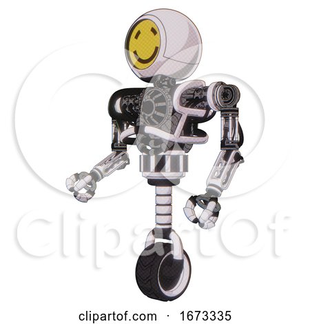Cyborg Containing Round Head Yellow Happy Face and Heavy Upper Chest and No Chest Plating and Unicycle Wheel. White Halftone Toon. Facing Right View. by Leo Blanchette