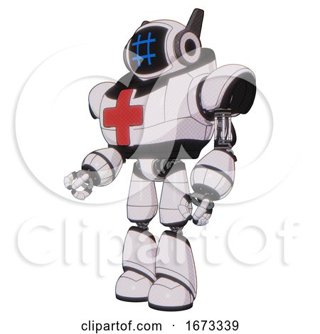 Cyborg Containing Digital Display Head and Hashtag Face and Winglets and Heavy Upper Chest and First Aid Chest Symbol and Light Leg Exoshielding. White Halftone Toon. Facing Right View. by Leo Blanchette