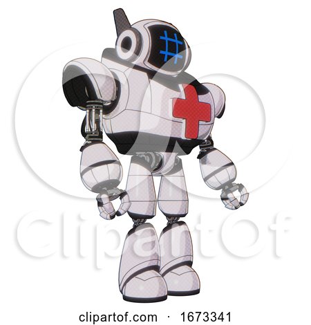 Cyborg Containing Digital Display Head and Hashtag Face and Winglets and Heavy Upper Chest and First Aid Chest Symbol and Light Leg Exoshielding. White Halftone Toon. Facing Left View. by Leo Blanchette