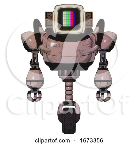 Automaton Containing Old Computer Monitor and Please Stand by Pixel Design and Old Retro Speakers and Heavy Upper Chest and Unicycle Wheel. Powder Pink Metal. Front View. by Leo Blanchette