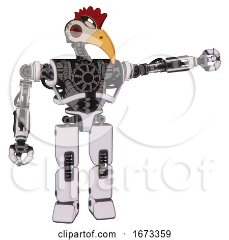 Robot Containing Bird Skull Head and Red Led Circle Eyes and Chicken Design and Heavy Upper Chest and No Chest Plating and Prototype Exoplate Legs. White Halftone Toon. by Leo Blanchette