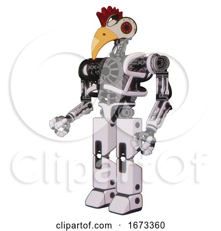 Robot Containing Bird Skull Head and Red Led Circle Eyes and Chicken Design and Heavy Upper Chest and No Chest Plating and Prototype Exoplate Legs. White Halftone Toon. Facing Right View. by Leo Blanchette