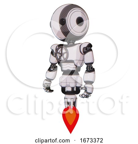 Droid Containing Round Head and Maru Eyes and Light Chest Exoshielding and Chest Valve Crank and Jet Propulsion. White Halftone Toon. Standing Looking Right Restful Pose. by Leo Blanchette