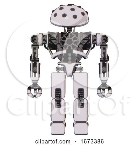 Robot Containing Black Sphere Cam Design and Heavy Upper Chest and No Chest Plating and Prototype Exoplate Legs. White Halftone Toon. Front View. by Leo Blanchette