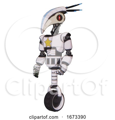 Mech Containing Bird Skull Head and Red Line Eyes and Head Shield Design and Light Chest Exoshielding and Yellow Star and Unicycle Wheel. White Halftone Toon. Facing Right View. by Leo Blanchette