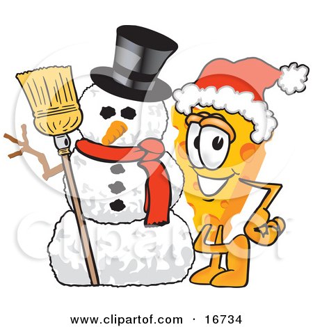 Clipart Picture of a Wedge of Orange Swiss Cheese Mascot Cartoon Character Wearing a Santa Hat and Standing Beside a Snowman on Christmas by Mascot Junction