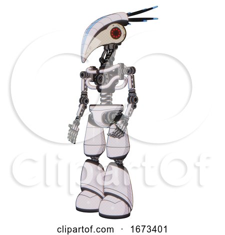 Bot Containing Bird Skull Head and Red Led Circle Eyes and Head Shield Design and Light Chest Exoshielding and No Chest Plating and Light Leg Exoshielding. White Halftone Toon. Facing Right View. by Leo Blanchette