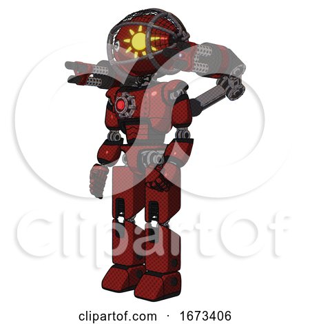 Mech Containing Oval Wide Head and Sunshine Patch Eye and Barbed Wire Cage Helmet and Light Chest Exoshielding and Red Energy Core and Minigun Back Assembly and Prototype Exoplate Legs. Matted Red. by Leo Blanchette