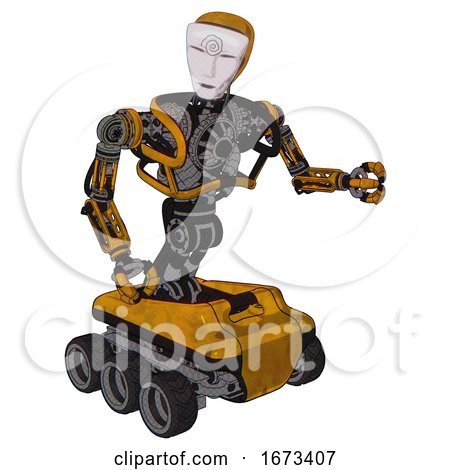 Robot Containing Humanoid Face Mask and Spiral Design and Heavy Upper Chest and No Chest Plating and Six-wheeler Base. Worn Construction Yellow. Fight or Defense Pose.. by Leo Blanchette