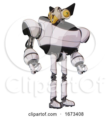 Bot Containing Bird Skull Head and Brass Steampunk Eyes and Robobeak Design and Heavy Upper Chest and Ultralight Foot Exosuit. White Halftone Toon. Hero Pose. by Leo Blanchette
