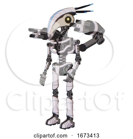 Bot Containing Bird Skull Head and Yellow Led Protruding Eyes and Head Shield Design and Light Chest Exoshielding and Minigun Back Assembly and No Chest Plating and Ultralight Foot Exosuit. by Leo Blanchette