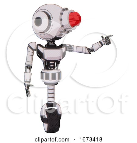 Bot Containing Round Head and Red Laser Crystal Array and Head Light Gadgets and Light Chest Exoshielding and Ultralight Chest Exosuit and Unicycle Wheel. White Halftone Toon. by Leo Blanchette