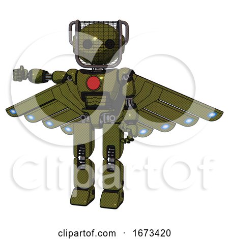 Mech Containing Oval Wide Head and Barbed Wire Visor Helmet and Light Chest Exoshielding and Red Chest Button and Cherub Wings Design and Prototype Exoplate Legs. Army Green Halftone. by Leo Blanchette