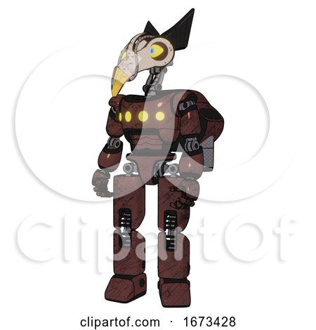 Mech Containing Bird Skull Head and Big Yellow Eyes and Robobeak Design and Light Chest Exoshielding and Yellow Chest Lights and Rocket Pack and Prototype Exoplate Legs. Steampunk Copper. by Leo Blanchette