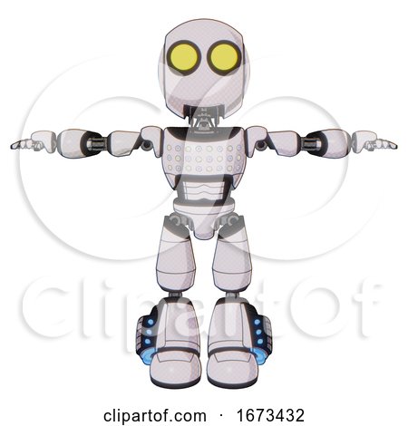Droid Containing Round Head and Large Yellow Eyes and Light Chest Exoshielding and Chest Green Blue Lights Array and Light Leg Exoshielding and Megneto-hovers Foot Mod. White Halftone Toon. T-pose. by Leo Blanchette