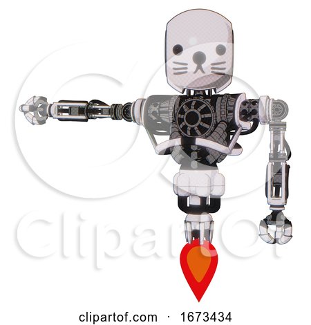 Bot Containing Round Head and Heavy Upper Chest and No Chest Plating and Jet Propulsion and Cat Face. White Halftone Toon. Arm out Holding Invisible Object.. by Leo Blanchette