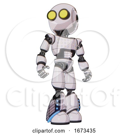 Droid Containing Round Head and Large Yellow Eyes and Light Chest Exoshielding and Chest Green Blue Lights Array and Light Leg Exoshielding and Megneto-hovers Foot Mod. White Halftone Toon. Hero Pose. by Leo Blanchette
