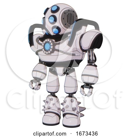 Automaton Containing Round Head and Six Eye Array and Bug Eyes and Heavy Upper Chest and Chest Blue Energy Core and Blue Strip Lights and Light Leg Exoshielding and Spike Foot Mod. by Leo Blanchette