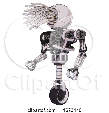 Bot Containing Round Fiber Optic Connectors Head and Heavy Upper Chest and No Chest Plating and Unicycle Wheel. White Halftone Toon. Facing Right View. by Leo Blanchette