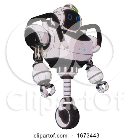 Android Containing Digital Display Head and Circle Eyes and Green Led Array and Heavy Upper Chest and Triangle of Blue Leds and Unicycle Wheel. White Halftone Toon. Facing Left View. by Leo Blanchette