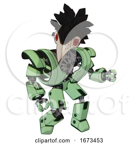 Automaton Containing Bird Skull Head and Red Led Circle Eyes and Crow Feather Design and Heavy Upper Chest and Heavy Mech Chest and Prototype Exoplate Legs. Green Tint Toon. Fight or Defense Pose.. by Leo Blanchette