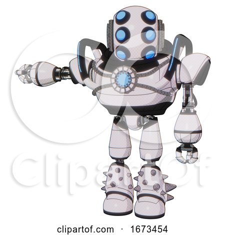 Automaton Containing Round Head and Six Eye Array and Bug Eyes and Heavy Upper Chest and Chest Blue Energy Core and Blue Strip Lights and Light Leg Exoshielding and Spike Foot Mod. by Leo Blanchette