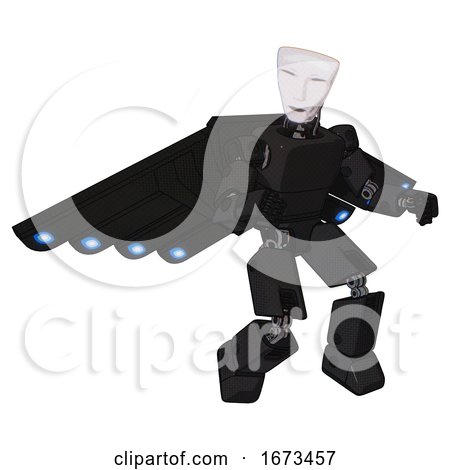 Robot Containing Humanoid Face Mask and Light Chest Exoshielding and Prototype Exoplate Chest and Cherub Wings Design and Prototype Exoplate Legs. Clean Black. Fight or Defense Pose.. by Leo Blanchette